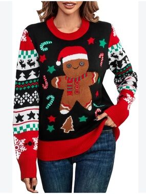 Women’s Black Holiday Gingerbread Crewneck Sweater - Red Trim xl new